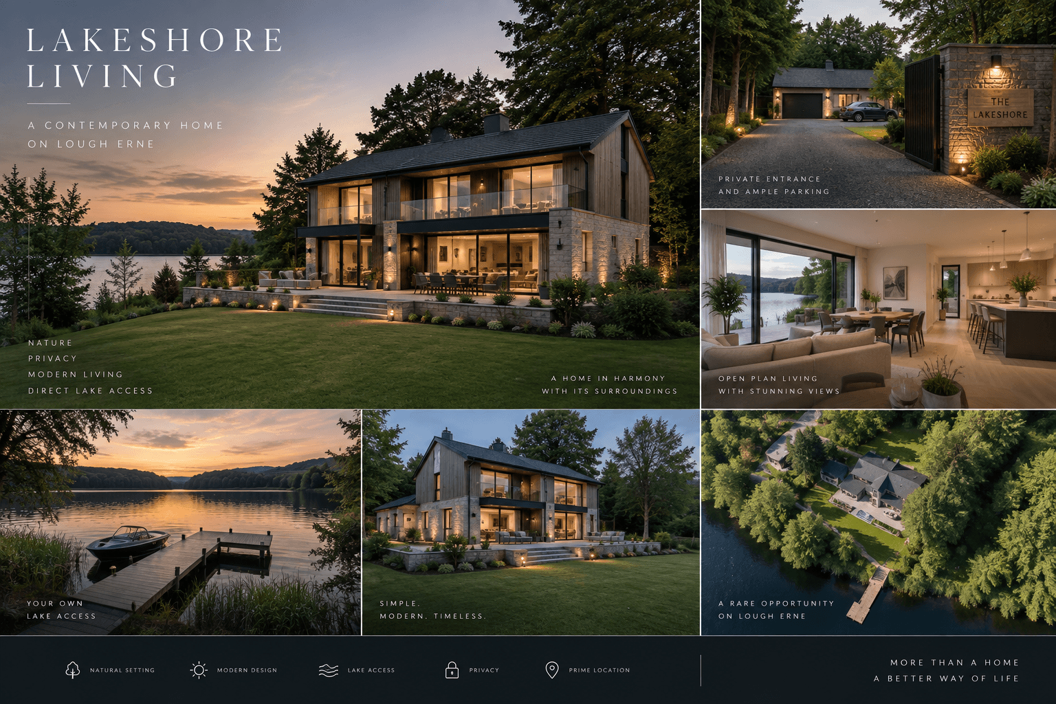 Illustrative mood board of a contemporary pitched-roof lakeside home, with interiors, gardens and lake-access concepts.
