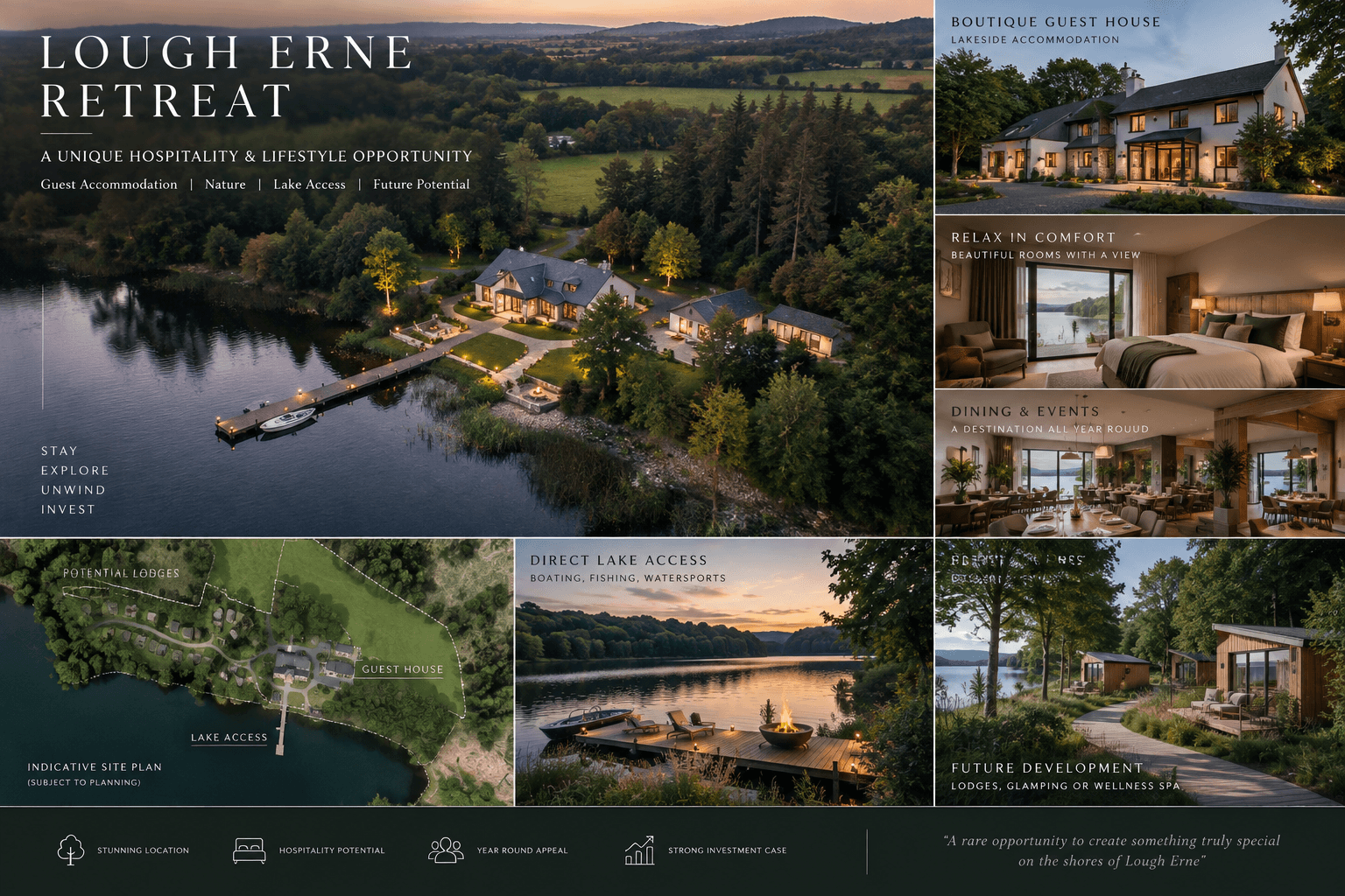 Illustrative hospitality mood board showing a guest house, dining, lake access and potential lodges, with a fictional indicative site layout.