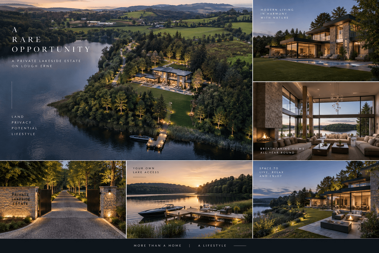 Illustrative mood board of a contemporary private lakeside estate, with home, interiors, gardens and jetty concepts.