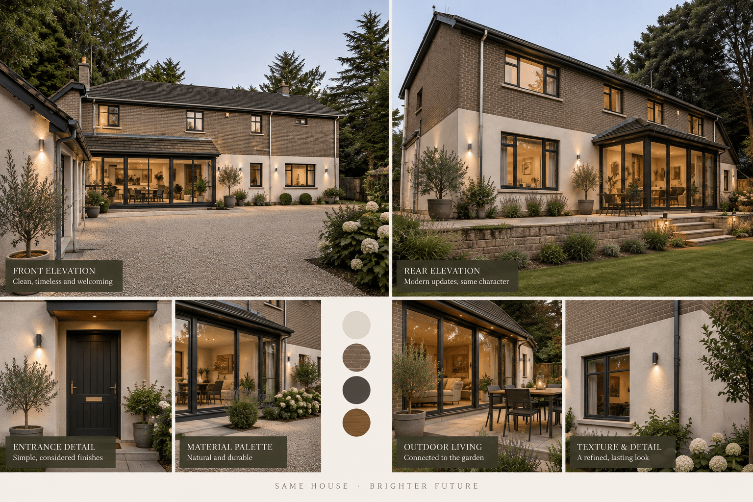 Illustrative renovation board showing possible updates to the existing house exterior, entrance, glazing and terrace