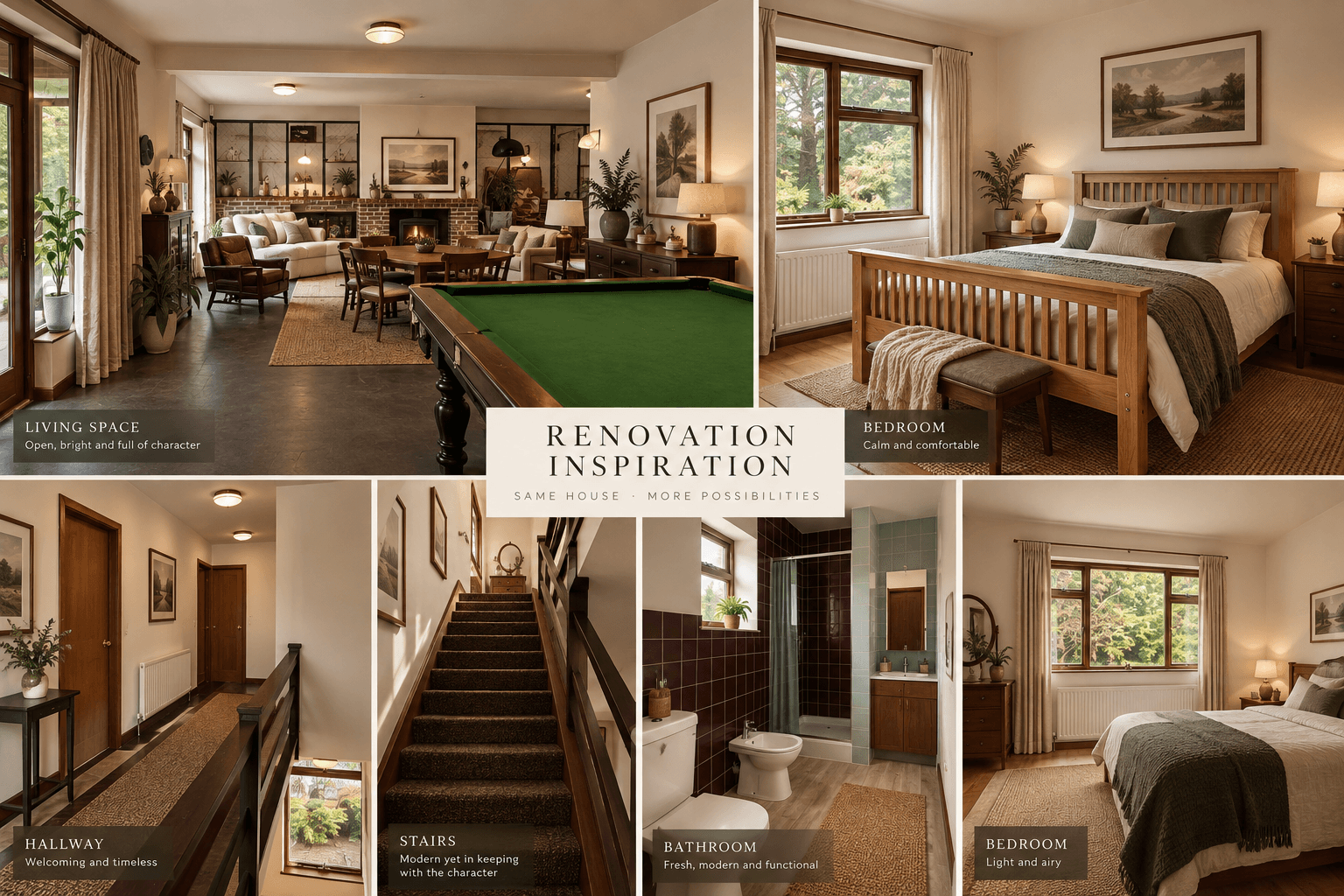 Illustrative renovation board showing refreshed living and dining space, bedrooms, hall, staircase and shower room