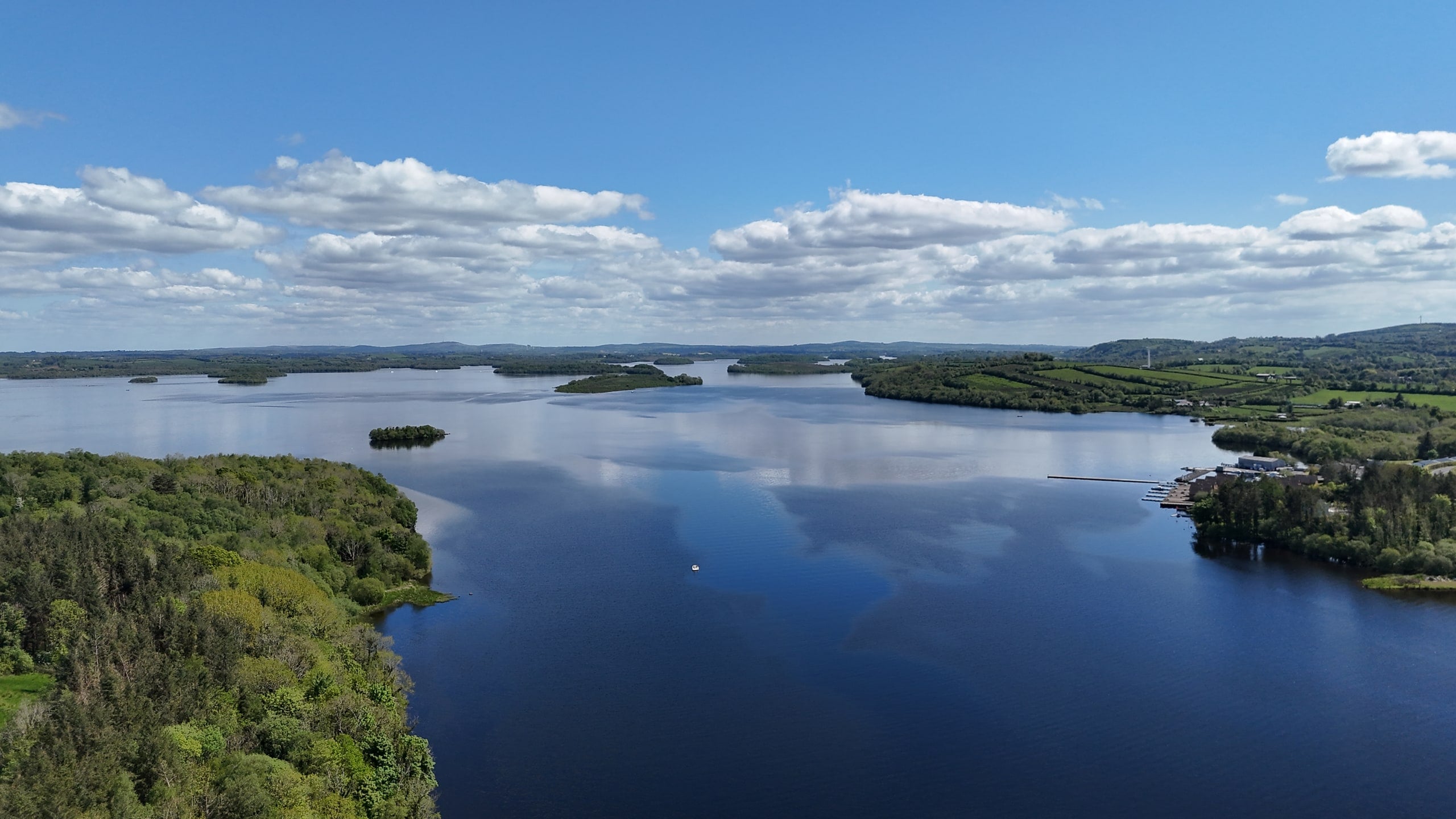 Wide aerial panorama of Lower Lough Erne and its islands