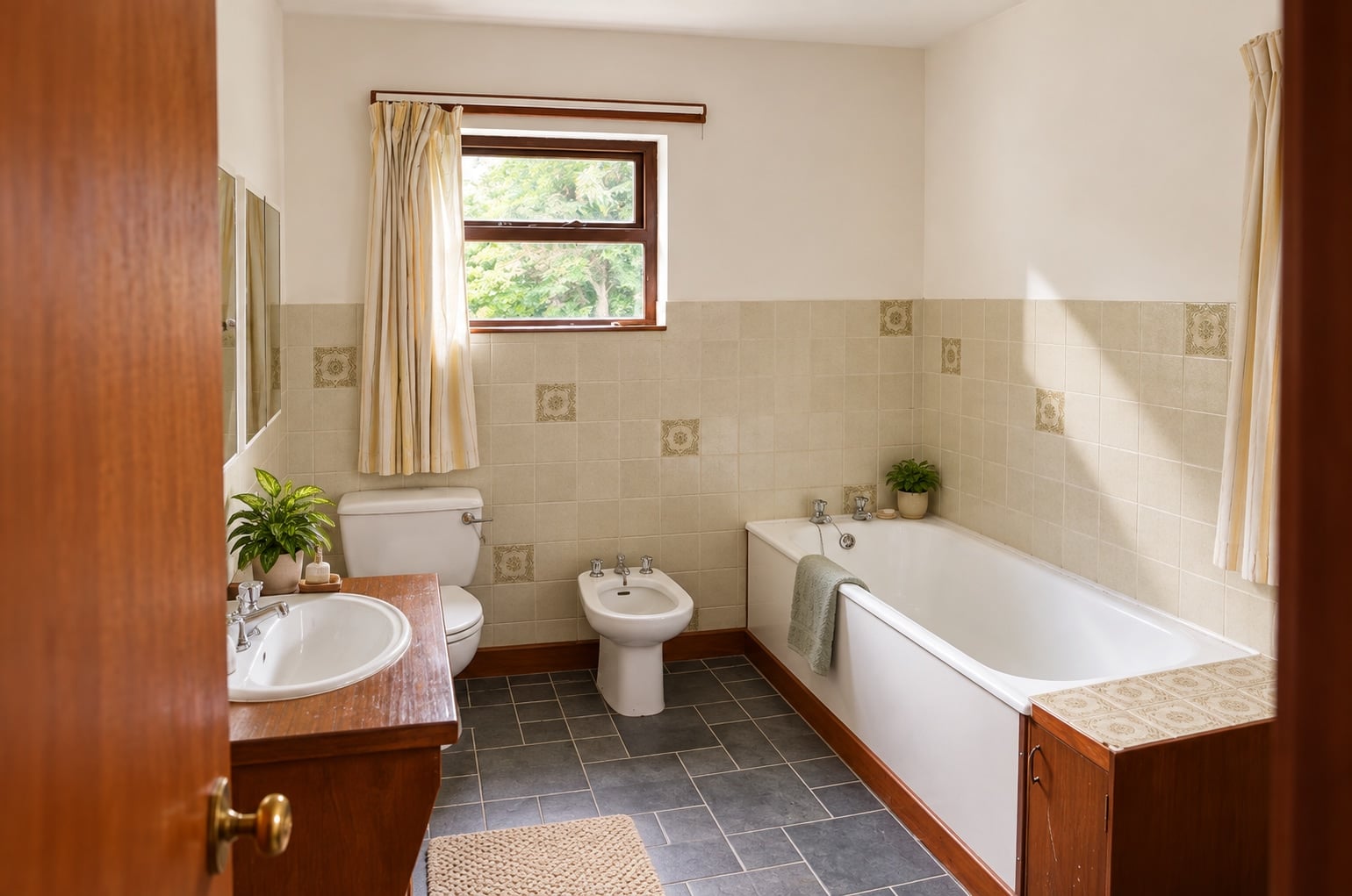 Bathroom with a bath, wash basin, WC and bidet