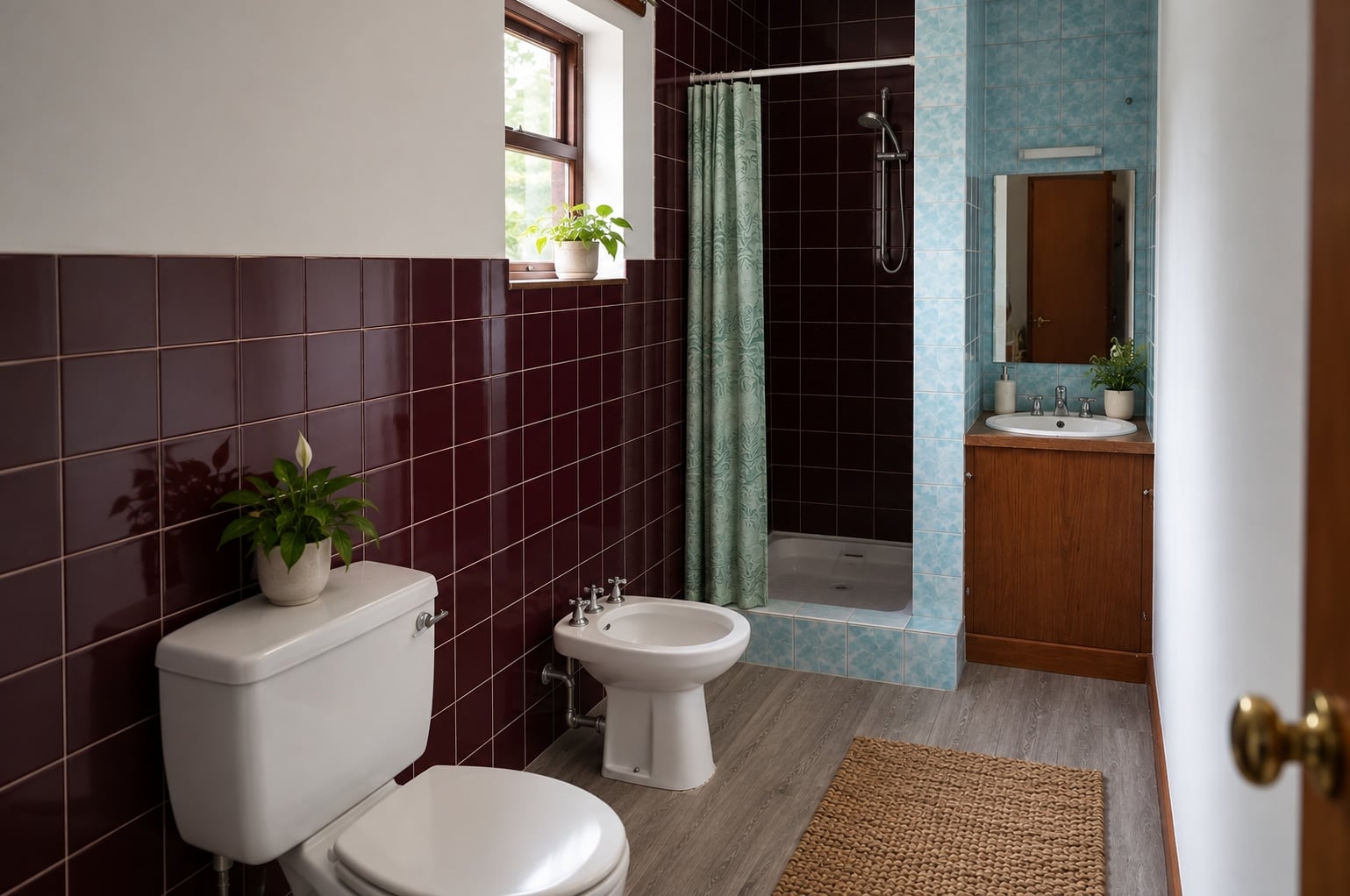 Tiled shower room with a shower, wash basin, WC and bidet