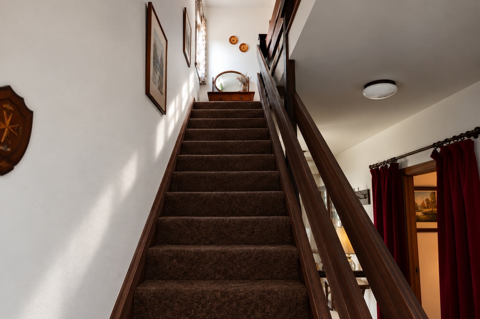 Wooden staircase leading from the hall to the landing